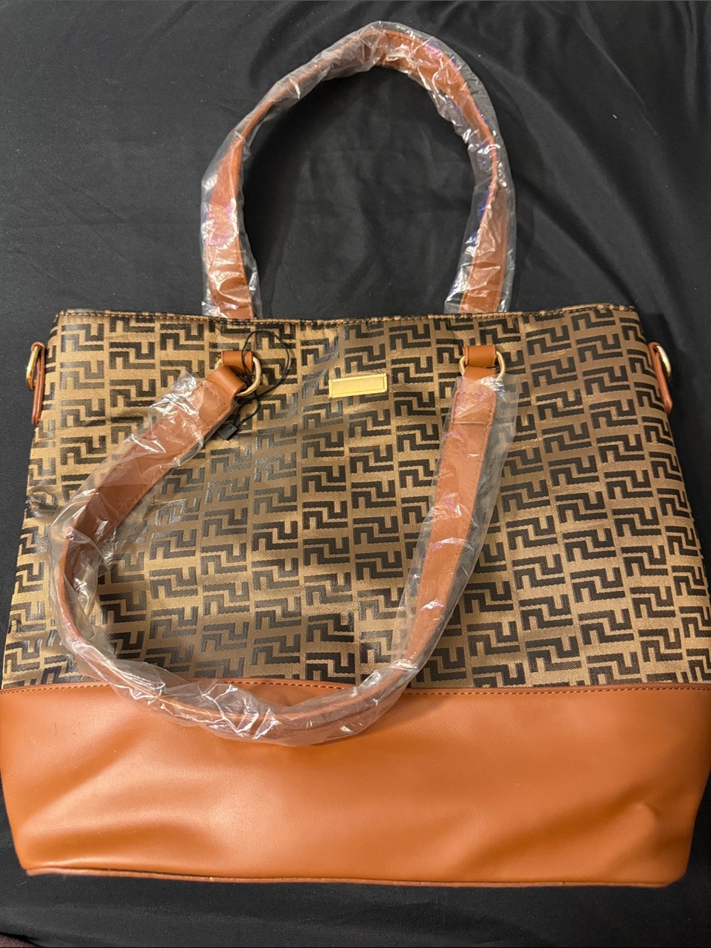 Brown Patterned Tote Bag with Cognac Trim - Women Bags